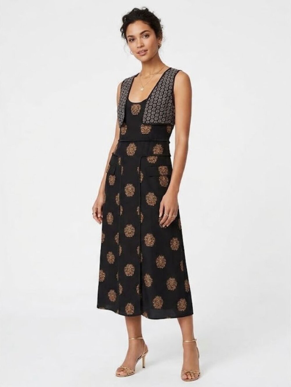 A.L.C. 100% Silk Black & Brown Medallion Print Sleeveless Midi Dress Sz 10